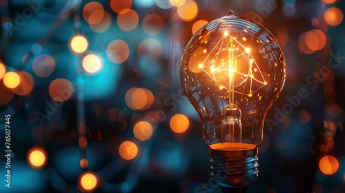 A classic light bulb glows vibrantly against a bokeh background with warm and cool light spots.