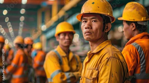 A portrait of an attentive industrial worker in safety gear with his team actively engaged in the work site behind him.