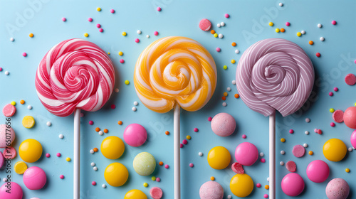 Colorful Lollipops and Candies on Blue Background