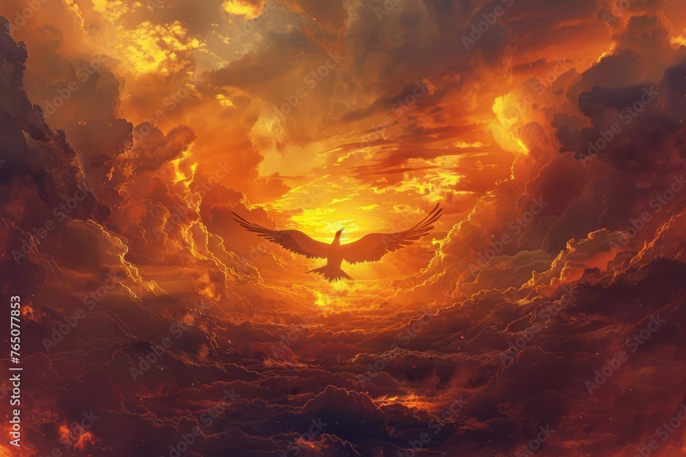 Phoenix Rebirth Fiery Bird Rising from Ashes in a Dramatic Sunset Sky, Digital Painting