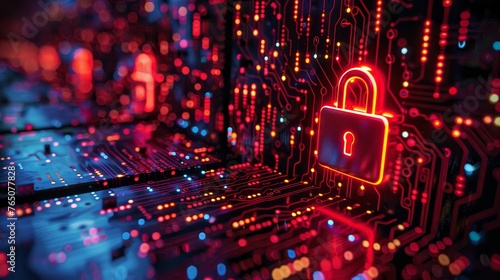 A vivid cybersecurity concept featuring a glowing red padlock on an intricate electronic circuit board with bokeh lights.