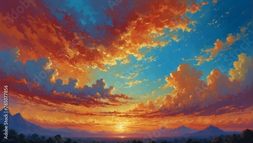 Vibrant fantasy panoramic sunset sky - Gradient rich colors - beautiful summer sunset or sunrise sky. AI generated © queen