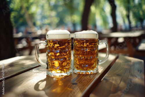 close-up of two beer mugs on a wooden table in an outdoor restaurant