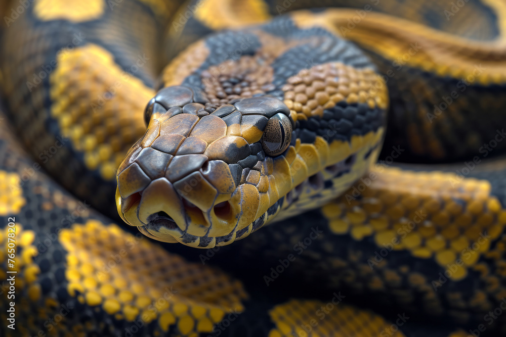 The head of a curled up python close up
