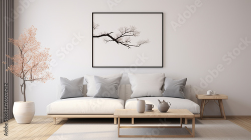 A 3D illustration that casts a mock-up poster frame as the focal point in a serene, modern living room, designed with the hallmark minimalism of Scandinavian aesthetics. photo