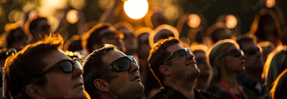 A crowd of people watching the solar eclipse wearing protective glasses - obrazy, fototapety, plakaty 