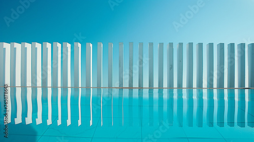 series of white vertical bars set against a clear blue background  which is reflected on a surface below  creating a symmetrical pattern