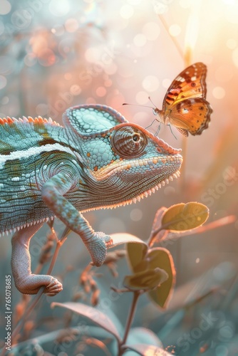 A chameleon eyeing a butterfly, side view, golden hour light, pastel tones, soft-focus background, soft shadows