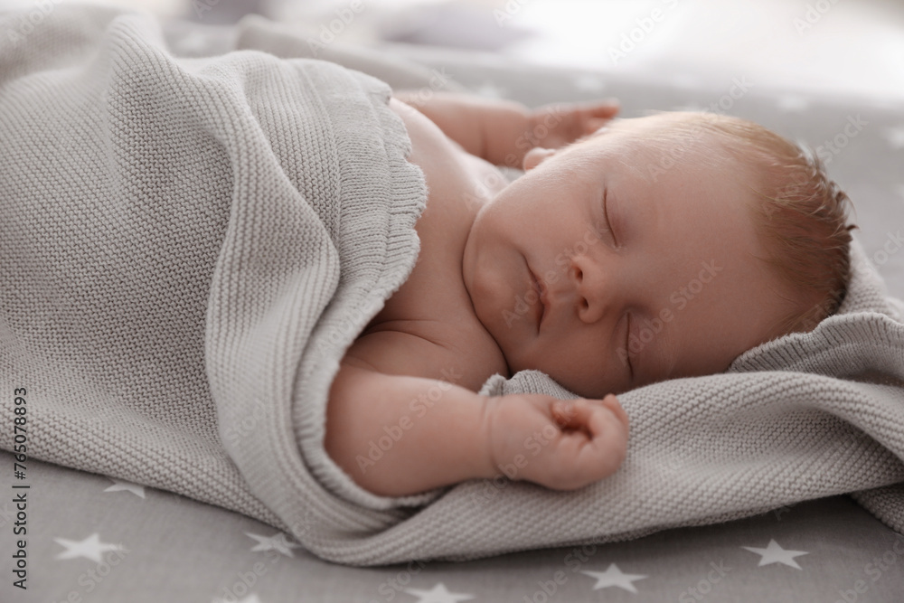 Cute little baby sleeping on bed, closeup Cute little baby sleeping on bed, closeup