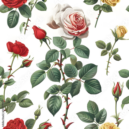 This illustration features a seamless pattern of red and yellow roses  members of the flowering plant species in the rose family. The intricate design showcases the beauty of these botanical wonders