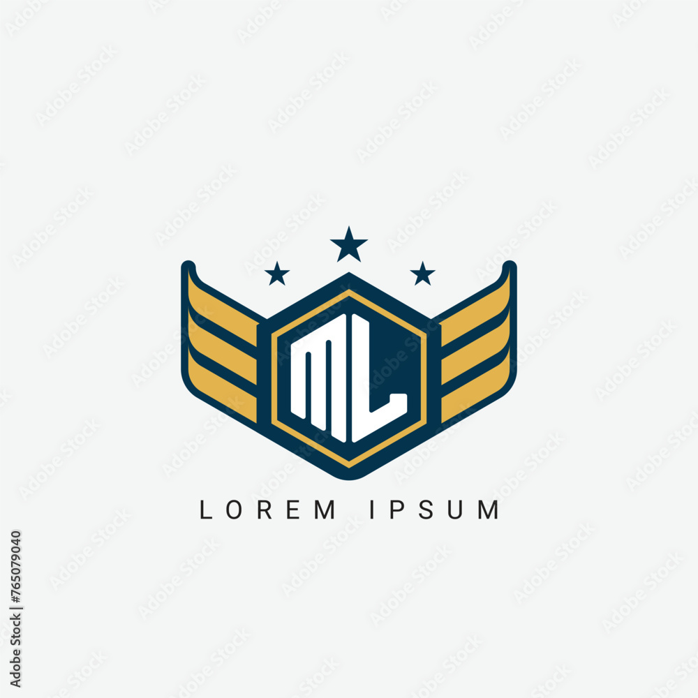 Alphabet letter ML, LM, M, L logo hexagon shape concept with wings ornament silhouette 2 Alphabet letter ML, LM, M, L logo hexagon shape concept with wings ornament silhouette 2
