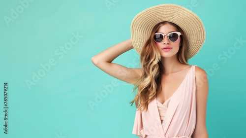 Summer offer banner with attractive woman wearing summer clothing and straw hat. Isolated on solid color background.