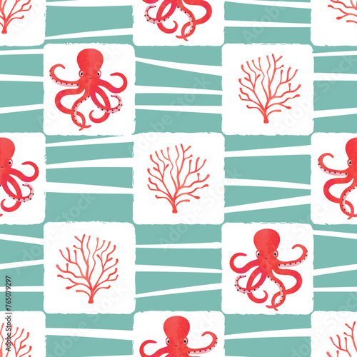 Sea checkered pattern with cute octopus and corals. Vector marine illustration