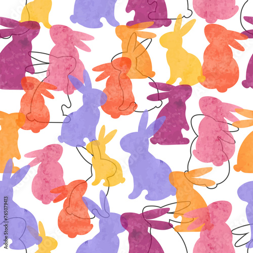 Colorful watercolor bunny pattern. Seamless vector background with rabbits silhouettes