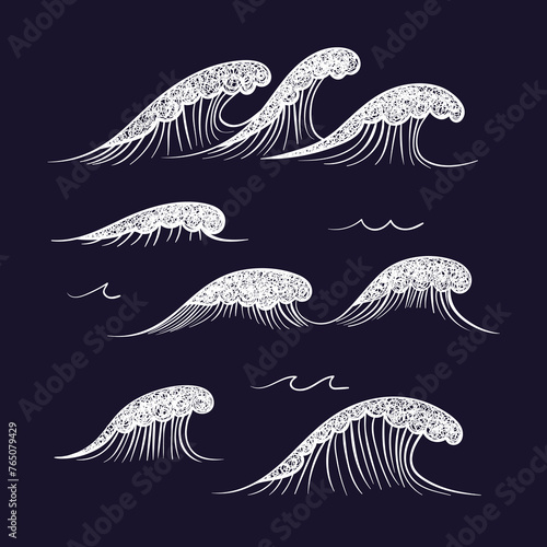 Sea waves set. Hand drawn water vector illustration