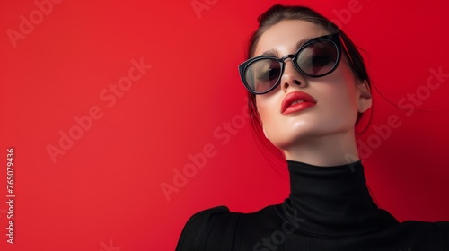 Stylish Banner: Female Model in Dark Sunglasses and Black Outfit on Red Background