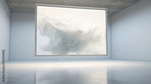 A large  borderless plexiglass frame suspended in front of a white-washed wall  giving the illusion of floating artwork in a modern gallery setting.