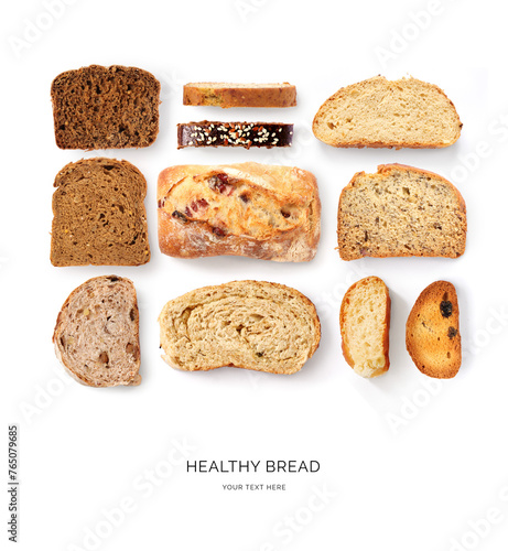 Creative layout made of breads on white background. Flat lay. Food concept.