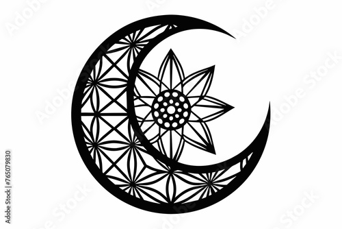 flower of life crescent moon, vector, elegant, for laser cutting, black and white