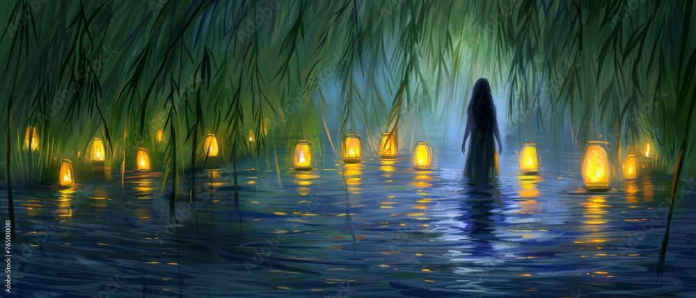  A depiction of a female figure positioned on a tranquil body of water, encircled by aquatic vegetation and illuminated by floating wax torches - obrazy, fototapety, plakaty 