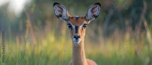  A close-up image of a deer's face in a field of tall grass with tall grass as the background
