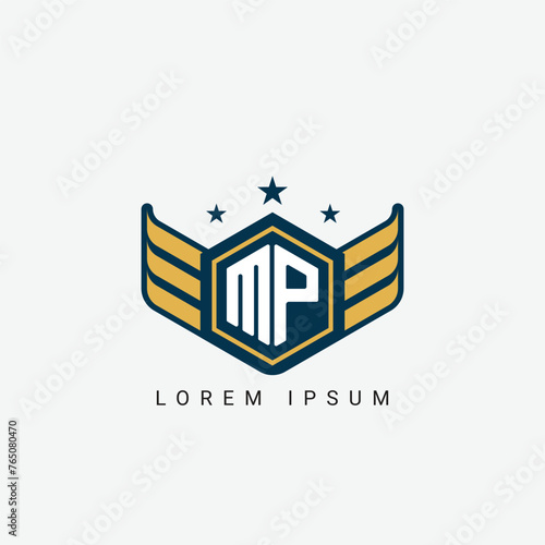 Alphabet letter MP  PM  M  P logo hexagon shape concept with wings ornament silhouette 2