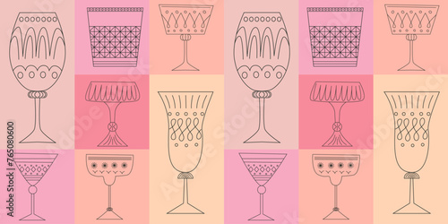 Seamless pattern of alcoholic cocktails in glasses of different shapes. Drinks in different types of vintage glasses. Line art vector illustration in pink color. Cartoon retro style.