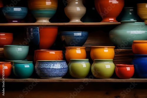 colorful pottery on a shelf with a row of colorful bowls