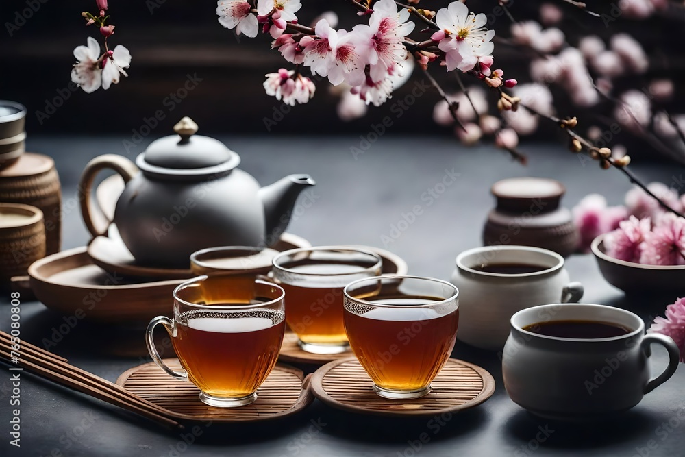 Cups of brewed tea, teapot and sakura flowers