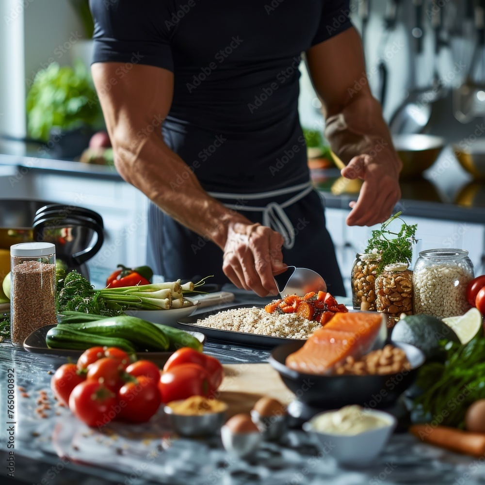 A muscular man in a fitted black shirt prepares a nutritious meal in a modern kitchen, surrounded by fresh produce and grains.