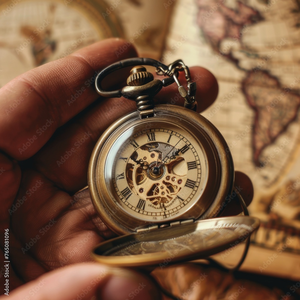 An open vintage pocket watch held in hand with intricate mechanics visible, over an antique map background, symbolizing travel and time.