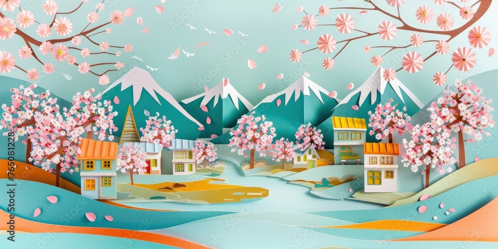 Blossoming Beauty. A Paper Art Spring Village Cherry Blossoms