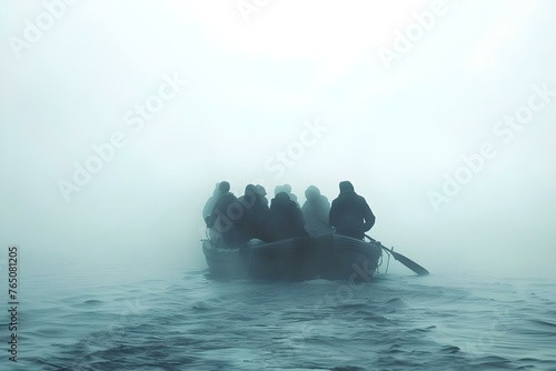 A group of refugees on a boat journey highlighting the impact of climate change and the migration crisis. Concept Refugee Crisis, Climate Change, Migration Impact, Boat Journey, Humanitarian Crisis