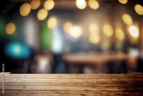 Rustic wooden table in a classroom setting  perfect for displaying educational products or designs. Table-top view on blurred background with empty tables and atmospheric light. Flawless generative ai