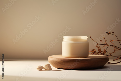 Cosmetics mockup, containers for cream product on wood, beige background. Eco nature packages present