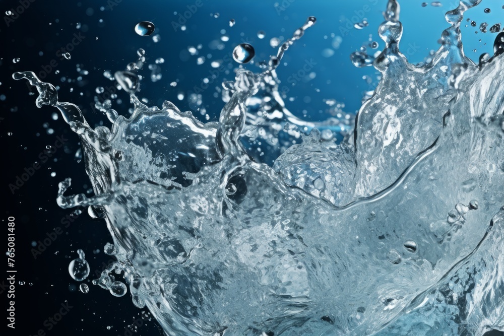 Close up falling drop of clear water with waves splash purity liquid reflection transparent macro photography impact purity aqua bubble drink ecology nature background hygiene abstract blue flow pour