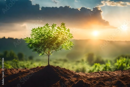 small tree growing with sunrise