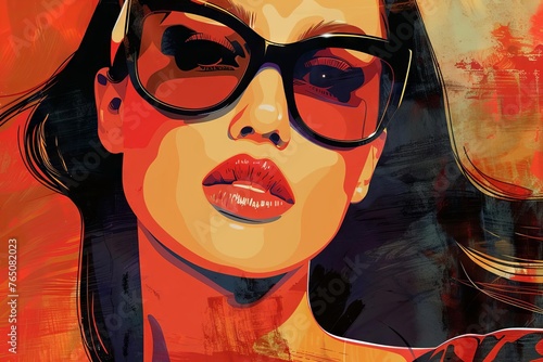 Stunning young woman exuding confidence and style in fashionable sunglasses  captured in a chic digital illustration for posters  covers  and designs