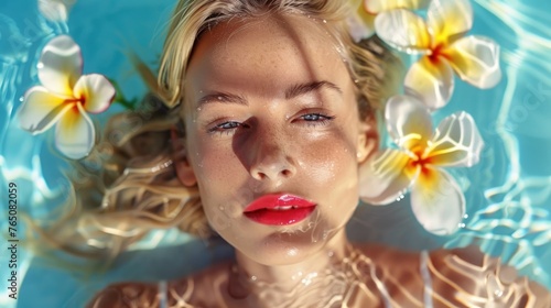 Attractive Young Blond Woman Floating in Crystal Clear Water with Red Lipstick and Frangipani Flowers photo