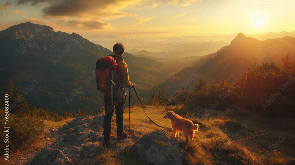 A hiker, a young man and his dog, hiking in beautiful rocky European Alps mountain landscape with a trekking backpack. A man hiking in the sunrise time. - obrazy, fototapety, plakaty 