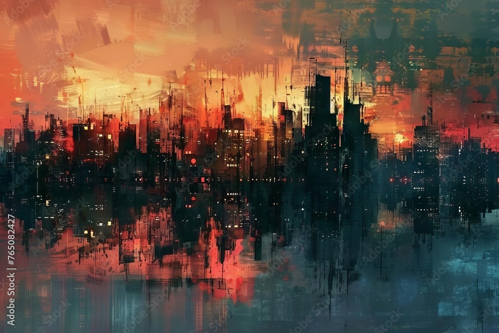 Urban Dreamscape Surreal City Skyline at Twilight - Digital Art Illustration with Abstract Elements
