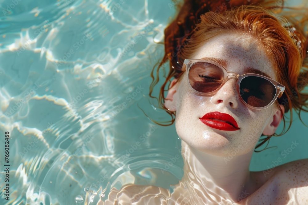 Attractive Young Ginger Woman Floating in Crystal Clear Water with Red Lipstick and Sunglasses, Summer Holiday Advertisement. Copy space.