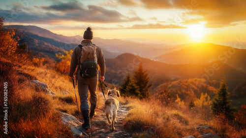 A hiker, a young man and his dog, hiking in beautiful rocky European Alps mountain landscape with a trekking backpack. A man hiking in the sunrise time. © Natalia Schuchardt