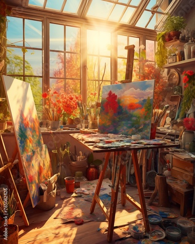 sun-drenched artist's studio, where the chaos of creativity is beautifully organized into a tapestry of colors and textures