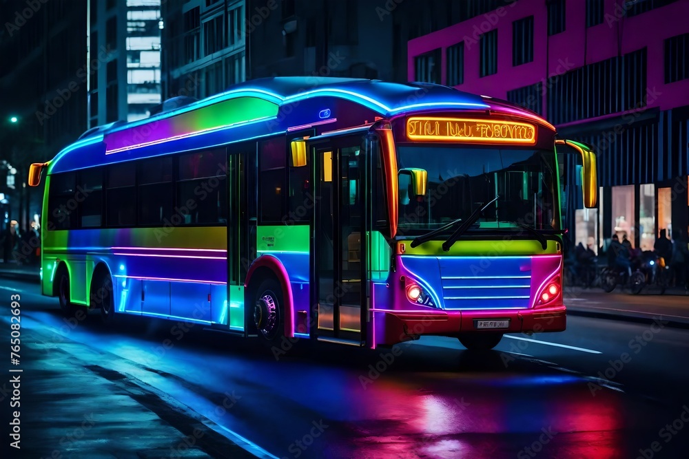 Colorful neon bus on the street with colorful light