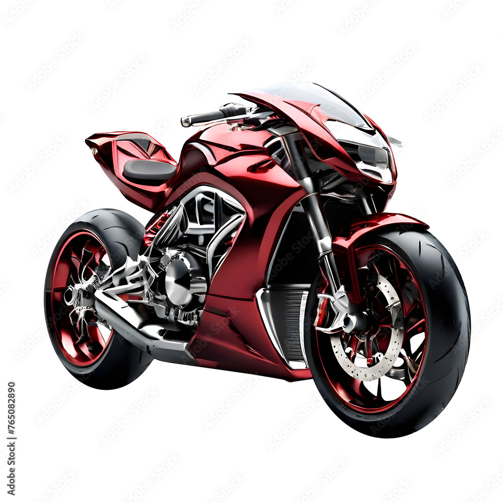 Futuristic red with silver accents sports motorcycle isolated on transparent background, ready for object and retouch design. Generative AI