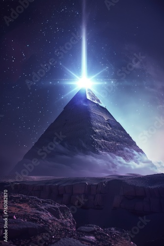 Pyramid bathed in UFO beam, night sky, rear angle, dramatic lighting, sci-fi mood