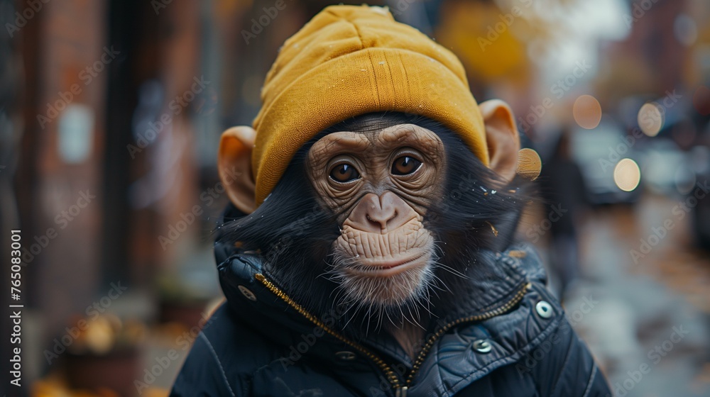 chimpanzee with a hat and jacket walking through the streets of a city in winter time chimpanzee with a hat and jacket walking through the streets of a city in winter time