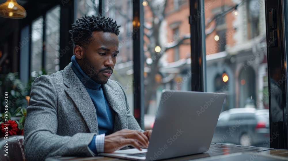 Focused man working on a laptop in a cafe setting with city views, embodying urban productivity. Focused man working on a laptop in a cafe setting with city views, embodying urban productivity.