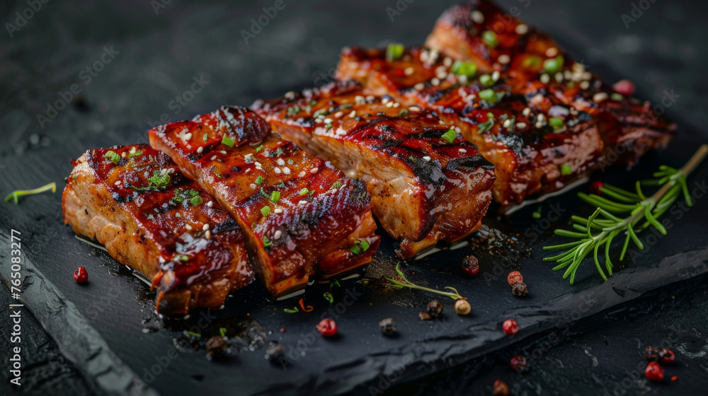 Succulent barbecue ribs seasoned with spices and herbs, presented on a dark slate, ideal for culinary themes.